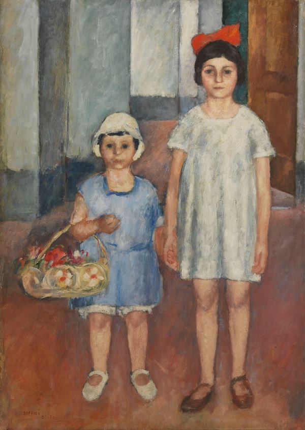 Ardengo Soffici : Valeria e Laura (Ritratto delle due figlie)  (1929-30)  - Olio su carta intelata - Asta Arte Moderna - II - Casa d'aste Farsettiarte