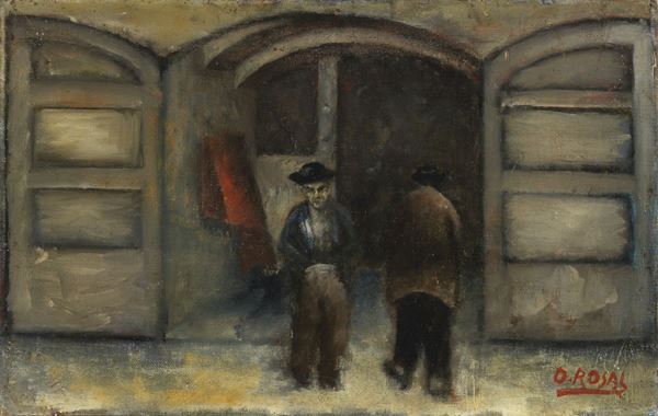 Ottone Rosai : La stalla (Mascalcia)  (1927-28)  - Olio su cartone telato - Asta Arte Moderna - II - Casa d'aste Farsettiarte