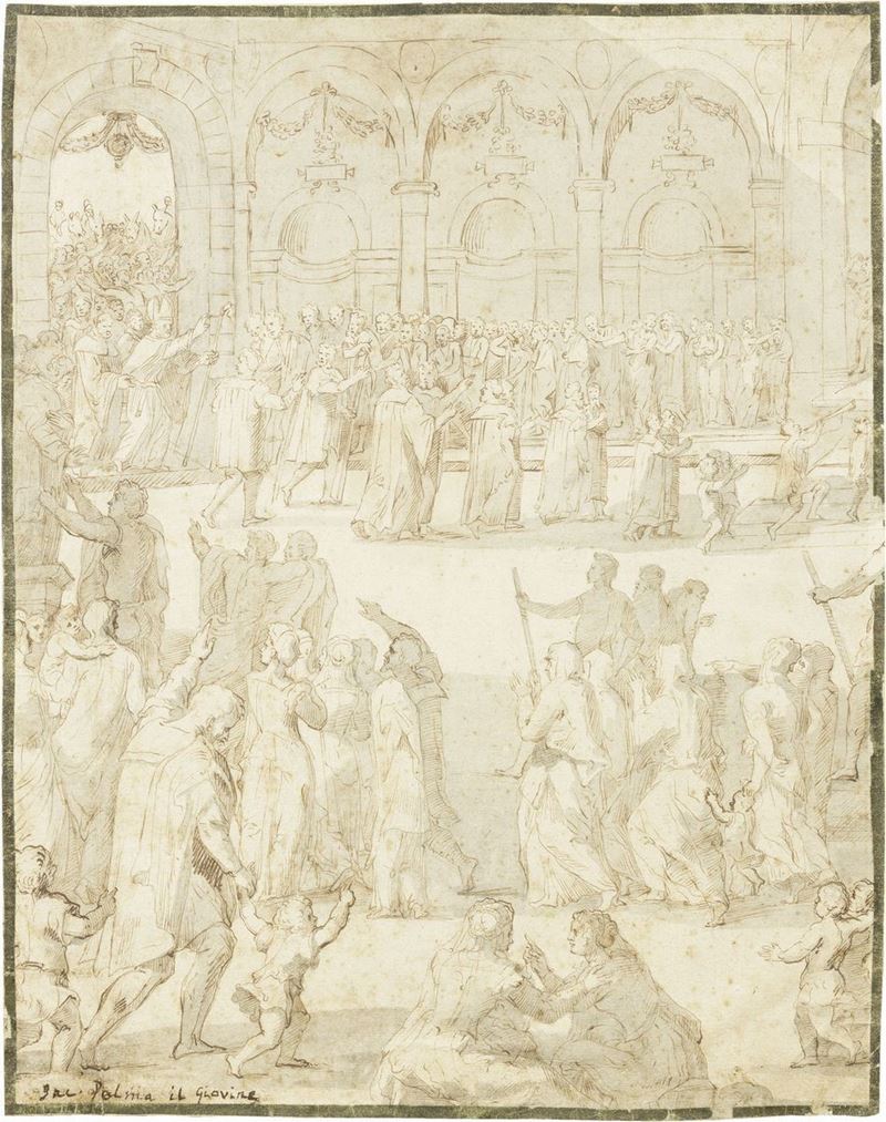 Jacopo Negretti, Detto Palma il Giovane (attr. A) - Interno di Chiesa con Processione Solenne
