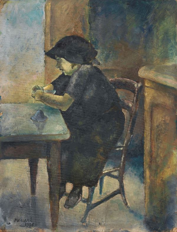 Mino Maccari : Donna seduta al tavolo  (1926)  - Olio su cartone - Auction Contemporary Art - I - Casa d'aste Farsettiarte
