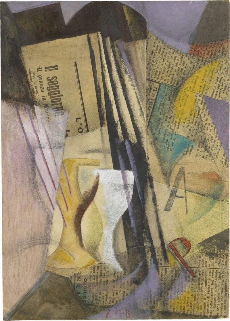 Roberto Marcello (iras) Baldessari - Composizione Cubo-futurista. Natura Morta con Giornali e Bic...