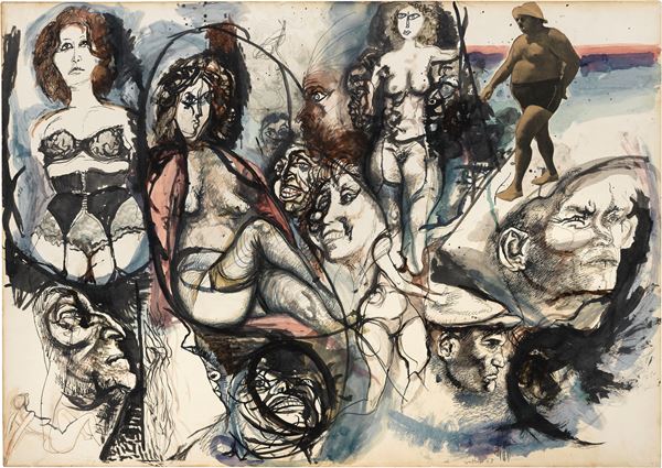 Renato Guttuso : Composizione di figure  (1963)  - Tecnica mista e collage su carta applicata su tela - Asta Arte Moderna - II - Casa d'aste Farsettiarte