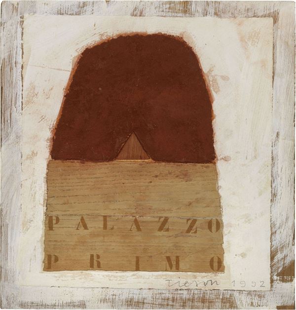Joe Tilson : Le crete senesi. Palazzo Primo  (1992)  - Tecnica mista su carta applicata su tavola - Auction Contemporary Art - I - Casa d'aste Farsettiarte
