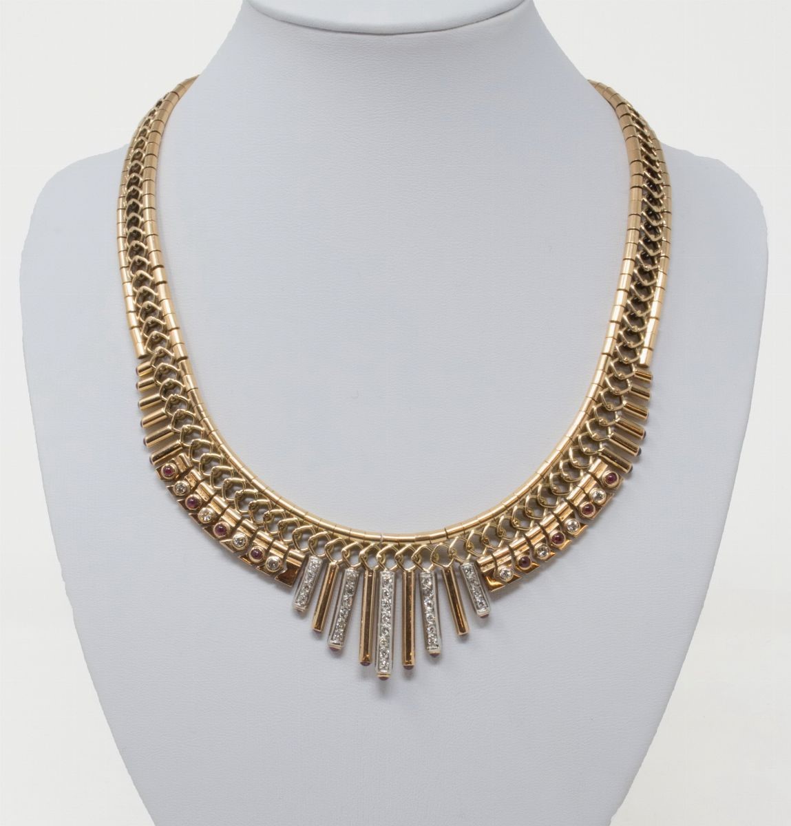 Collana Girocollo in Oro Giallo a Frange con Brillanti e Rubini