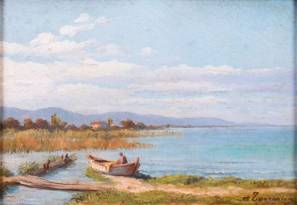 Ignoto del XIX secolo - Due dipinti a soggetto «Barca» e «Paesaggio»