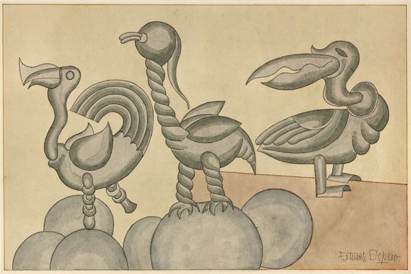 Fortunato Depero : Animali fantastici  (1919-49)  - China e acquerello su carta - Auction Modern Art - II - Casa d'aste Farsettiarte