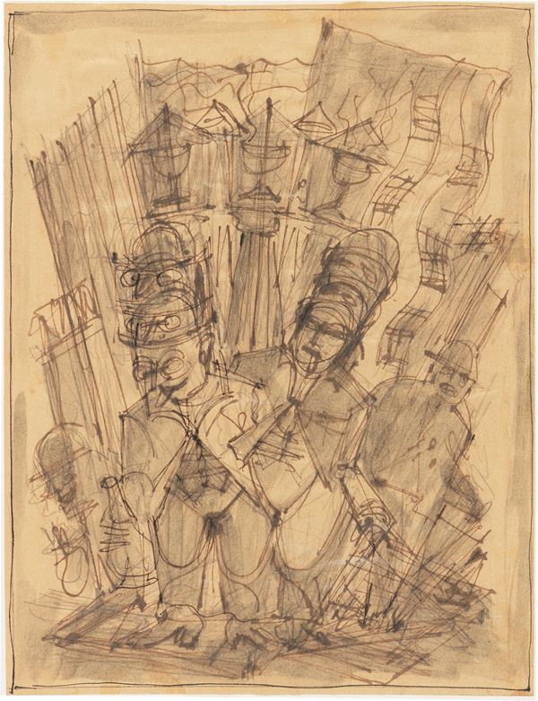 Fortunato Depero : Sbornia monumentale (studio per dipinto)  (1945-46)  - Matita, china e china diluita su carta - Auction Modern Art - II - Casa d'aste Farsettiarte