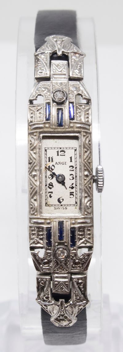Orologio da Polso Donna Art Déco in Platino con Piccoli Brillanti e Zaffiri