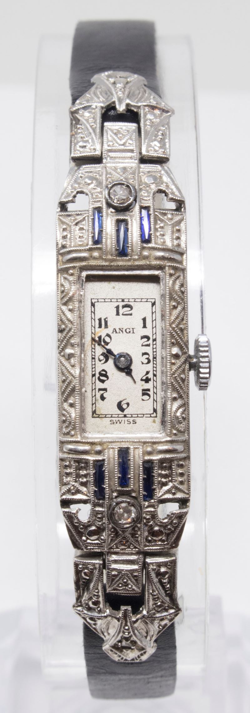 Orologio da Polso Donna Art Déco in Platino con Piccoli Brillanti e Zaffiri