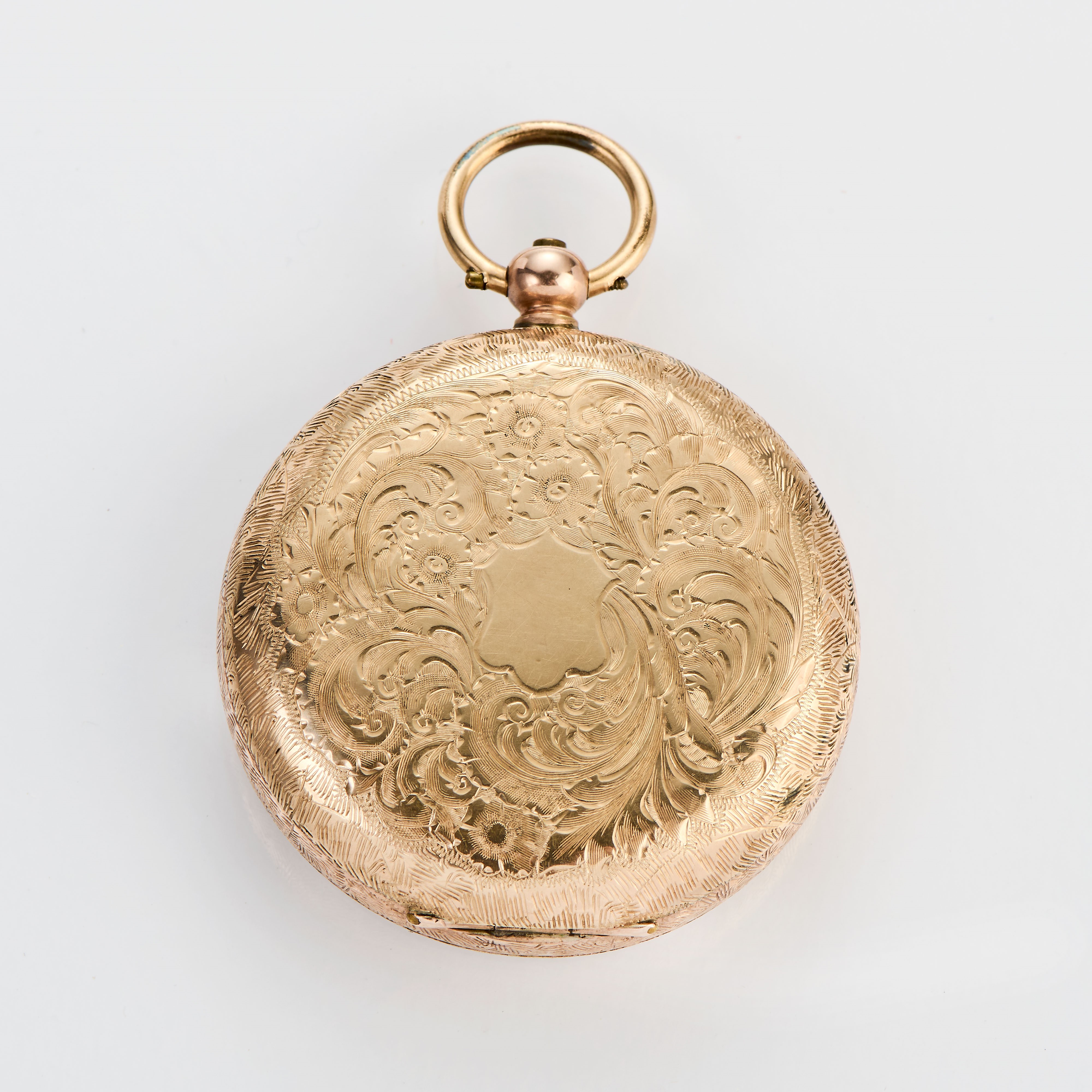 Orologio da tasca in oro, carica manuale, cassa decorata a motivo vegetale