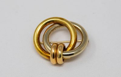 Spilla a Due Cerchi che Si Intrecciano in Oro di Due Colori