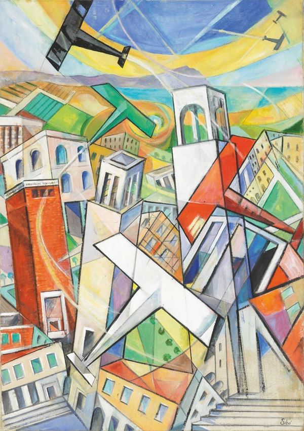 Sib&#242; : Ali tricolori sulle torri  (1938)  - Olio e tecnica mista su tela - Asta Arte Moderna - II - Casa d'aste Farsettiarte