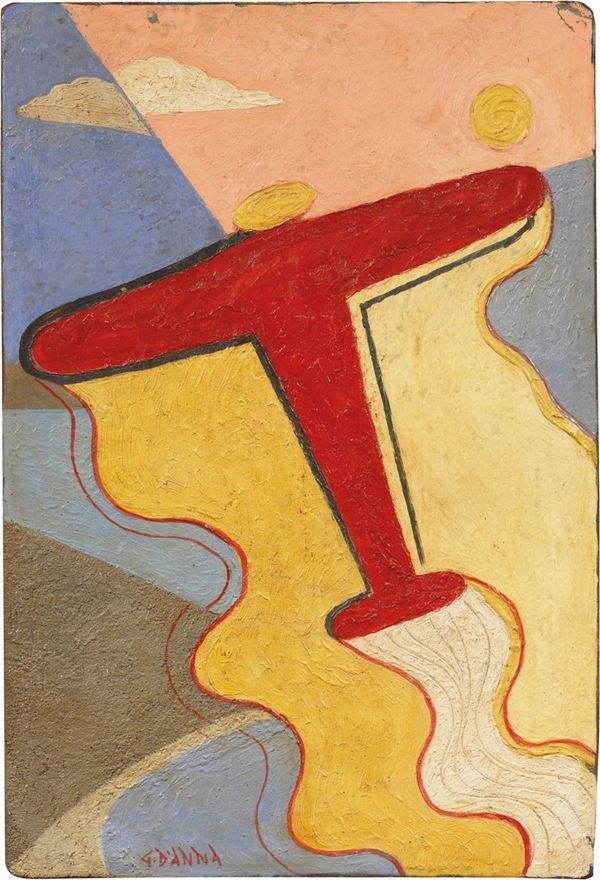 Giulio D'Anna : Aereo rosso  (1932 ca.)  - Olio su cartone applicato su cartoncino - Asta Arte Moderna - II - Casa d'aste Farsettiarte