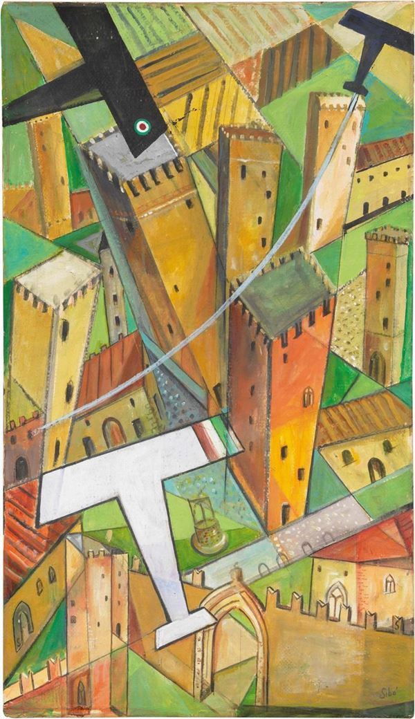 Sib&#242; : Sorvolando i ricordi: San Gimignano  (1937)  - Tecnica mista su carta applicata su tela - Auction Modern Art - II - Casa d'aste Farsettiarte