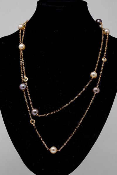 Collana in Oro Giallo con Perle Rosa e Grigie e Rose di Diamante