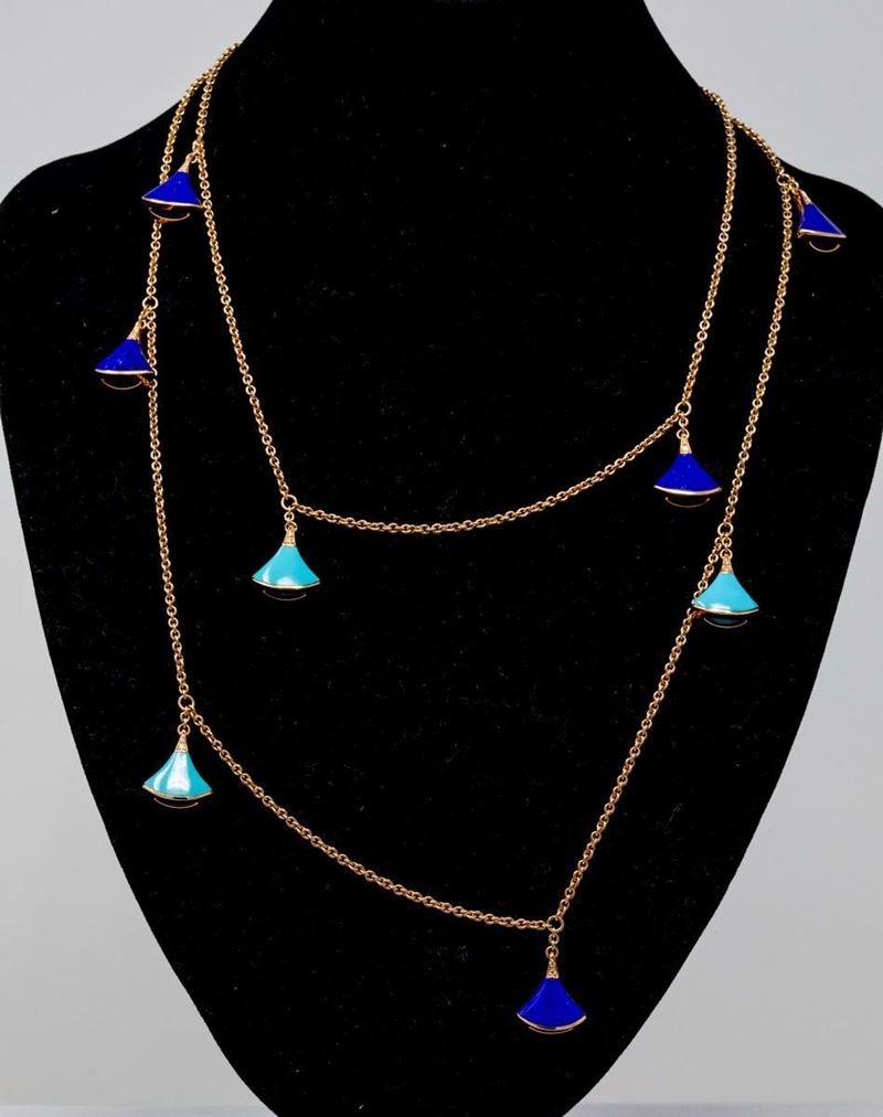 Bulgari Collana a Maglia in Oro Rosa con Lapislazzuli, Turchesi e Brillanti