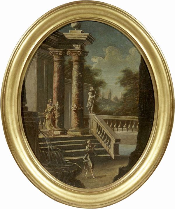 Pietro Paltronieri, detto il Mirandolese (ambito di) - «Paesaggio con architetture e fontane» e «Paesaggio con architetture e figure»
