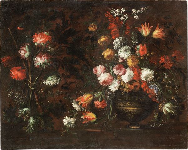 Margherita Caffi (ambito di) - Natura morta con vaso di fiori e arbusto fiorito