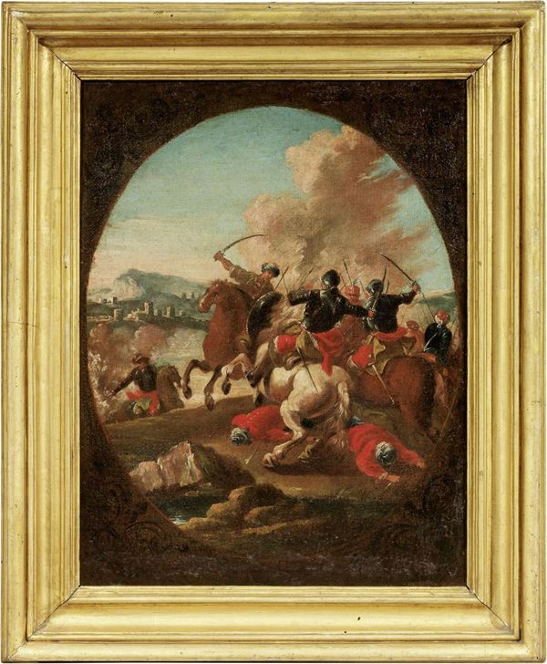Scuola veneta inizio XVIII secolo - Due dipinti a soggetto «Battaglia di cavalleria»