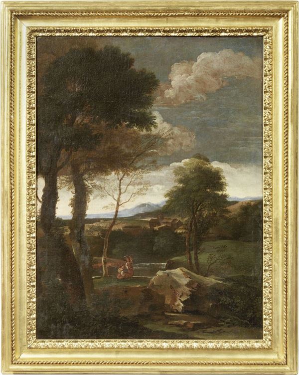 Scuola emiliana seconda met&#224; del XVII secolo - Paesaggio con figure