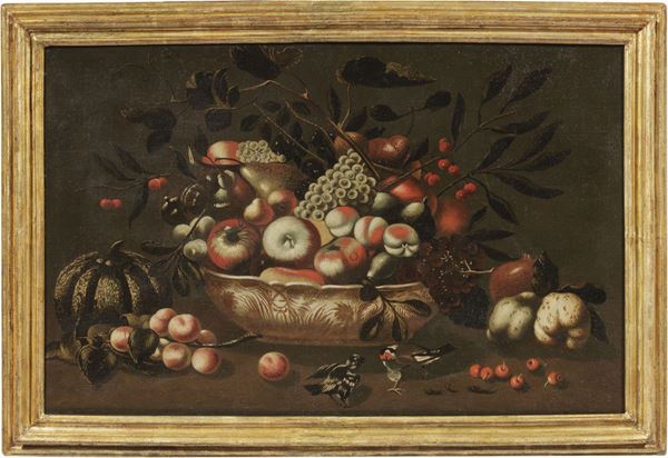 Scuola lombarda fine XVII secolo - Natura morta con frutta e uccellini