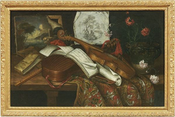 Ambito di Bartolomeo Bettera, inizio del XVIII secolo - Natura morta con strumenti musicali e trompe l'oeil