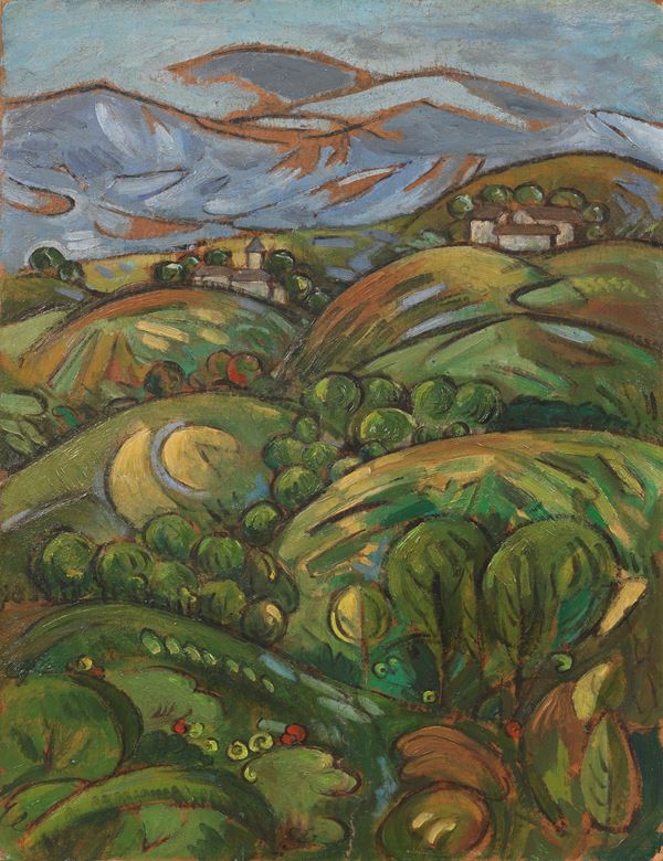 Gino Rossi : Paesaggio asolano  (1913)  - Olio su cartone - Auction Modern Art - II - Casa d'aste Farsettiarte