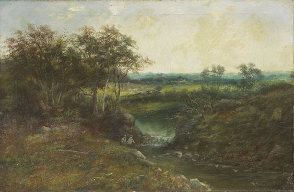 Ignoto del XIX secolo - Paesaggio di campagna con torrente e due figure