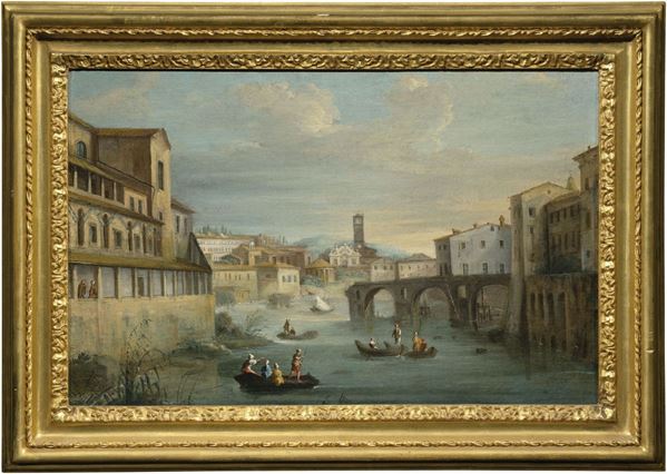 Scuola romana del XVIII secolo - Veduta di fantasia con il Ponte Rotto, l'Isola Tiberina e Santa Maria in Cosmedin