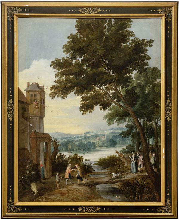 Scuola fiamminga del XVII secolo - Paesaggio lacustre con castello