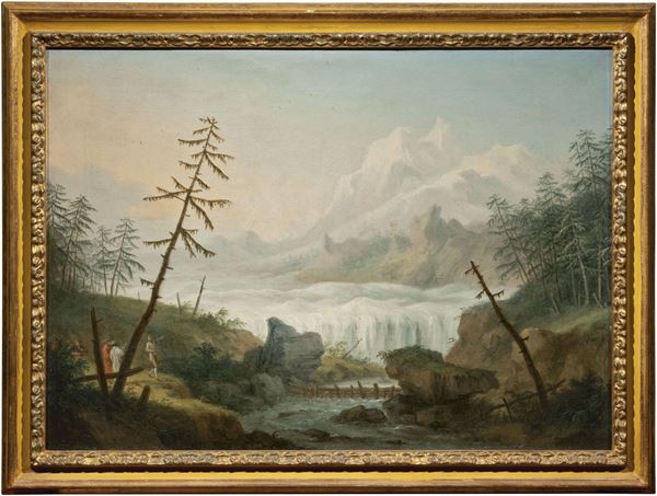 Maestro veneto del XVIII secolo - Due opere a soggetto «Paesaggio montuoso con cascata»