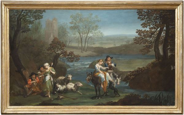 Scuola romana del XVIII secolo - Paesaggio con pastori nei pressi di un fiume