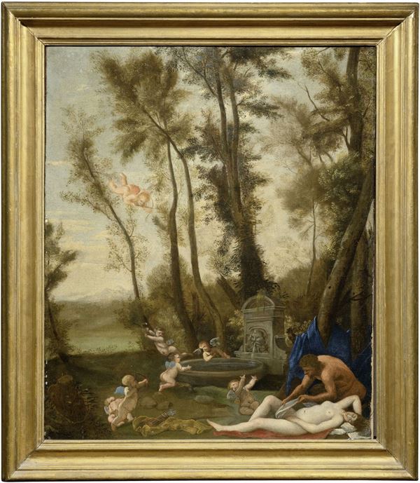 Nicolas Poussin (scuola di) - Venere con fauno e amorini intorno a una fontana