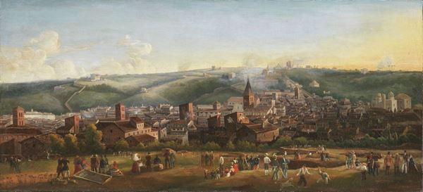 Ignoto del XIX secolo - Veduta di città con figure e scene di vita in primo piano