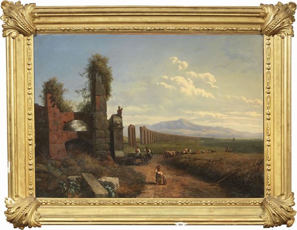 Scuola romana inizio del XIX secolo - Veduta della campagna romana con rovine dell'acquedotto