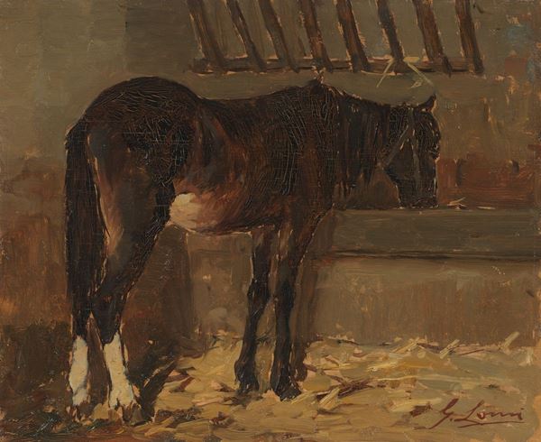 Giovanni Lomi : Cavallo alla greppia  (1947)  - Olio su compensato - Auction Parade II - XIX and XX century Paintings and Drawings - Casa d'aste Farsettiarte