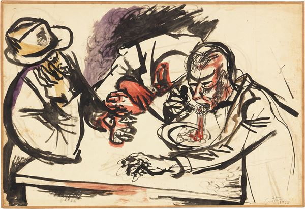 Renato Guttuso : Mangiatore di spaghetti  (1939)  - Tecnica mista su carta applicata su tela - Auction Modern Art - II - Casa d'aste Farsettiarte
