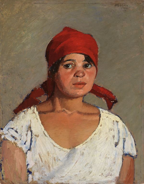 Oscar Ghiglia : Il fazzoletto rosso  (1921)  - Olio su cartone - Auction XIX and XX Century Paintings and Sculptures - II - Casa d'aste Farsettiarte