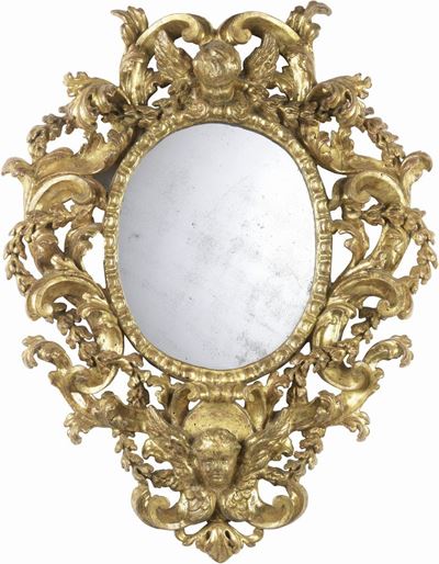 Specchiera Ovale in Legno Intagliato e Dorato