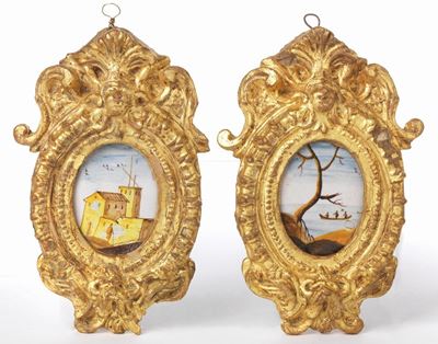 Due Ambrogette Ovali in Maiolica Policroma