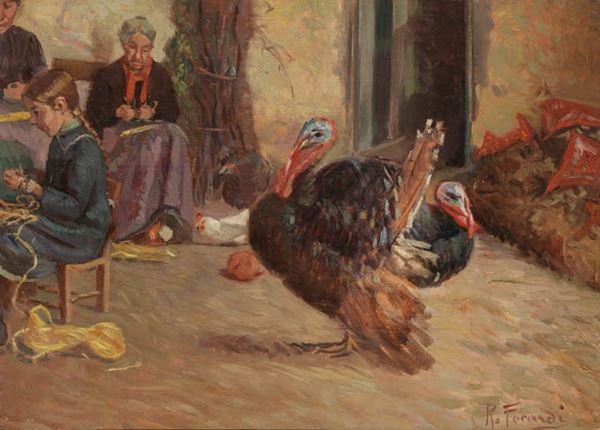 Ruggero Focardi : Nel cortile  - Olio su tavola - Auction PARADE II - XIX and XX Century Paintings and Drawings - Casa d'aste Farsettiarte