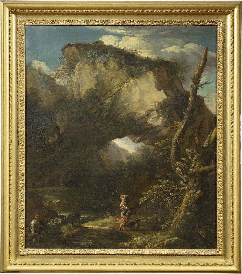 Pietro Montanini (attr. A) - Paesaggio Fluviale con Contadini