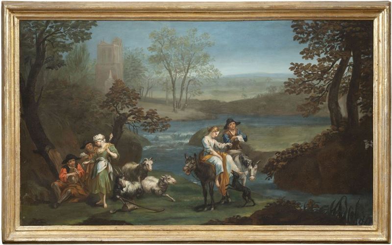 Scuola Romana del XVIII Secolo - Paesaggio con Pastori nei Pressi di un Fiume