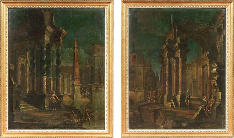 Scuola Emiliana del XVIII Secolo - «capriccio Architettonico con Obelisco e Figure» e «capriccio ...
