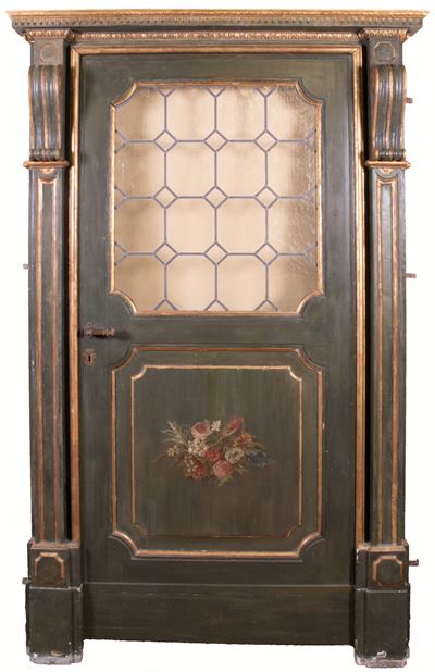 Porta in Legno Intagliato, Dorato e Laccato Verde