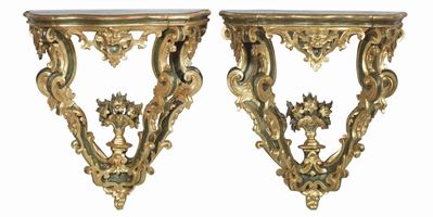 Coppia di Mensole in Legno Intagliato e Laccato Verde e Oro