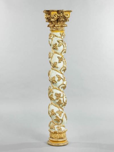 Colonna a Tortiglione in Legno Intagliato e Dorato