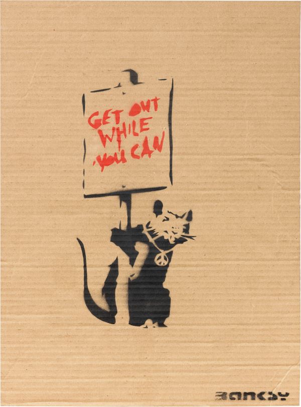 Banksy : Get Out While You Can (Placard Rat)  (2015)  - Stencil e spray su cartone - Auction Modern and Contemporary Art - I - Casa d'aste Farsettiarte