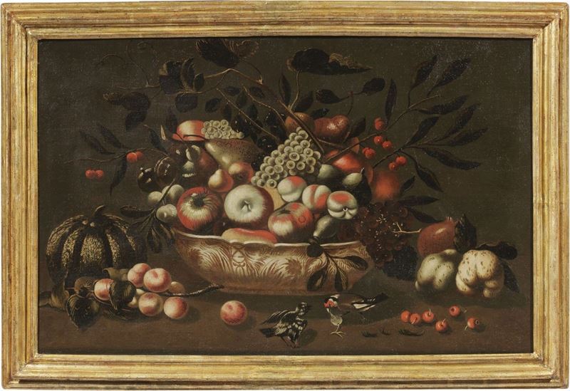 Scuola Lombarda Fine XVII Secolo - Natura Morta con Frutta e Uccellini