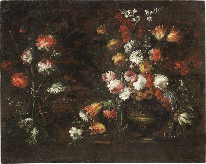 Margherita Caffi (ambito Di) - Natura Morta con Vaso di Fiori e Arbusto Fiorito